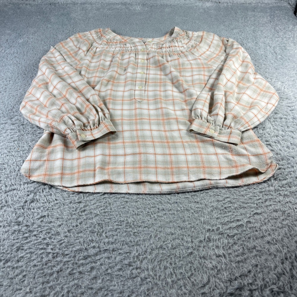 Loft Womens Plaid Smocked Neck Blouse Orange Grey Long Sleeve Top Large